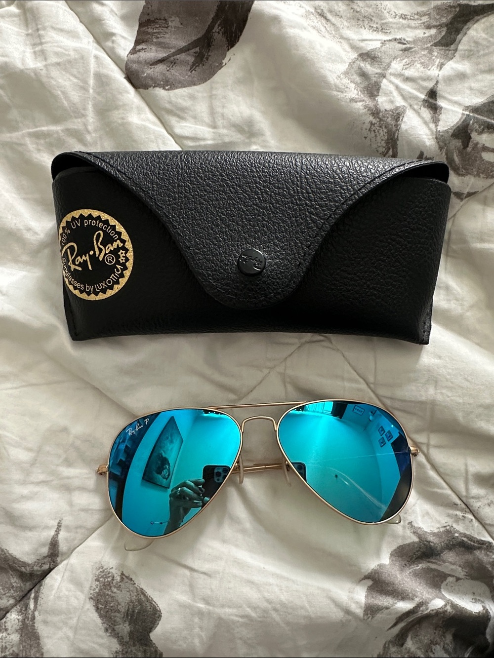 Ray-Ban Gold Frame Sunglasses with Blue Mirrored Lenses